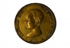 ALFONSO XIII, 5 pesetas 1889 PGM Falsa de época en latón plateado