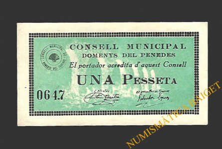 DOMENYS DEL PENEDES (Tarragona), 1 pesseta, setembre del 1937 