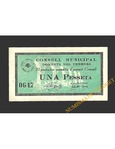 DOMENYS DEL PENEDES (Tarragona), 1 pesseta, setembre del 1937 