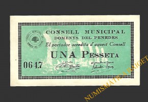 DOMENYS DEL PENEDES (Tarragona), 1 pesseta, setembre del 1937 