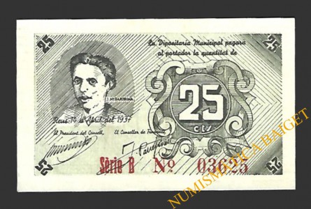 REUS (Tarragona) 25 centims 14 d'abril del 1937 J.M. Bartrina