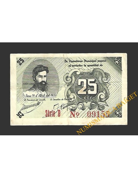 REUS (Tarragona) 25 centims 14 d'abril del 1937 J. Llovera
