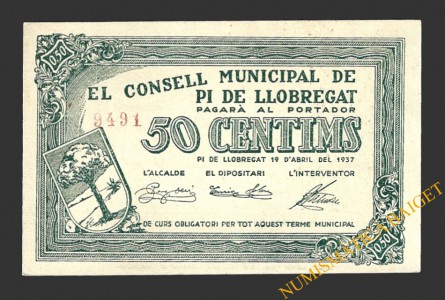 PI DE LLOBREGAT (Barcelona), 50 centimos  19 d'abril del 1937