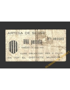 ARTESA DE SEGRE (Lleida), 1 pesseta. 20 de juny  de 1937
