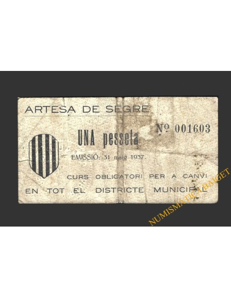 ARTESA DE SEGRE (Lleida), 1 pesseta. 20 de juny  de 1937