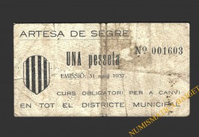 ARTESA DE SEGRE (Lleida), 1 pesseta. 20 de juny  de 1937