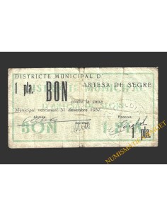 ARTESA DE SEGRE (Lleida), 1 pesseta. 20 de juny  de 1937 2