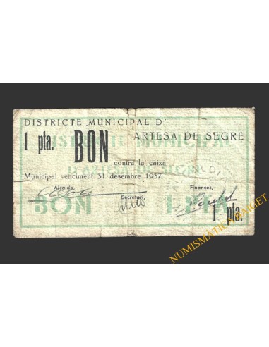 ARTESA DE SEGRE (Lleida), 1 pesseta. 20 de juny  de 1937