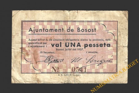 BOSOT (Lleida), 1 pesseta. juliol del 1937