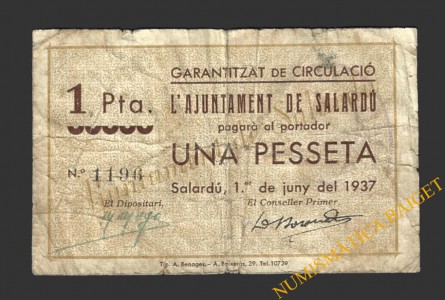 SALARDU (Lleida)), 1 pesseta. 1 de juny del 1937