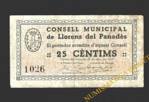 LLORENS DEL PANADES (Tarragona), 25 centims, 19 de març del 1937