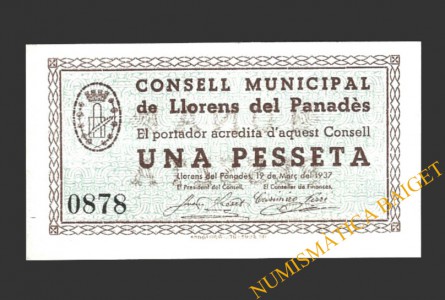 LLORENS DEL PANADES (Tarragona), 1 pesseta, 19 de març del 1937