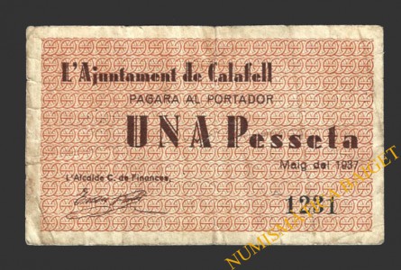 CALAFELL, (Tarragona), 1 pesseta, maig del 1937