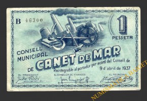 CANET DE MAR, (Barcelona),1 pesseta, 9 d'abril del 1937