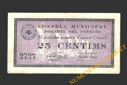 DOMENYS DEL PENEDES (Tarragona), 25 centims, setembre del 1937 