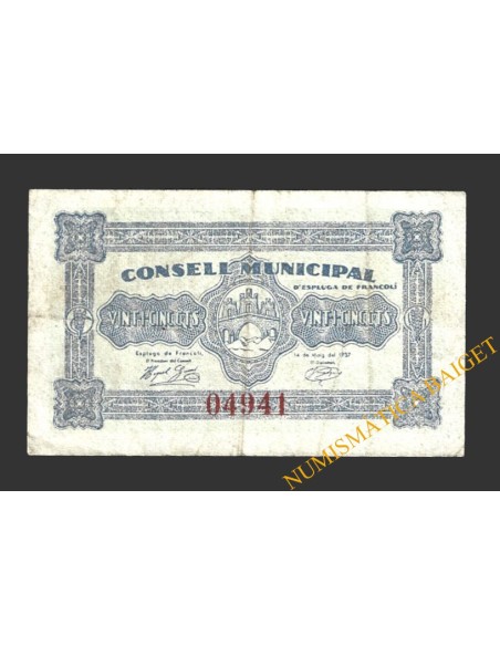 ESPLUGA DE FRANCOLI (Tarragona), 25 centims, 14 de maig del 1937 