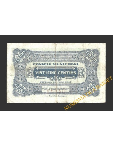 ESPLUGA DE FRANCOLI (Tarragona), 25 centims, 14 de maig del 1937 