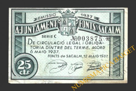 FONTS DE SACALM (Girona), 25 centims, 12 de maig del 1937